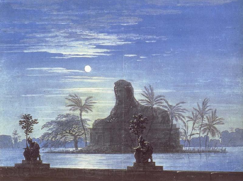 Karl friedrich schinkel The Garden of Sarastro by Moonlight with Sphinx,decor for Mozart-s opera Die Zauberflote Germany oil painting art